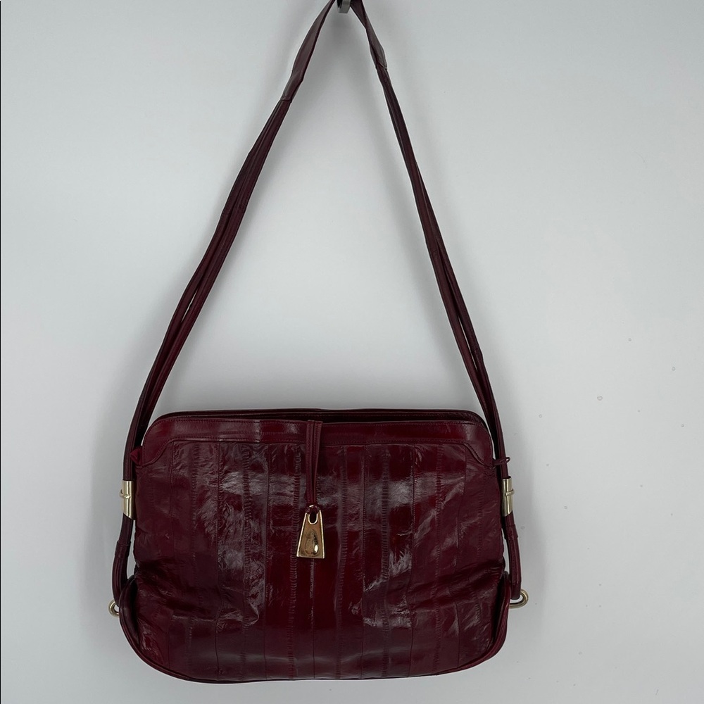 Vintage Eel Skin Women’s Burgundy Shoulder Bag with Gold Hardware